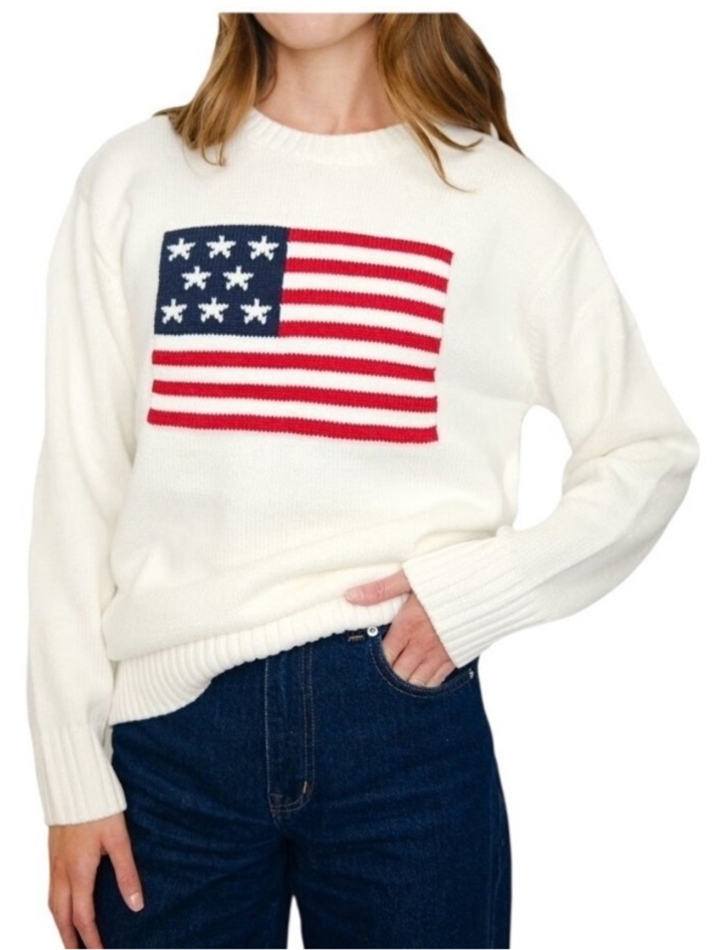 Mighty Fine NWT L OVERSIZED WHITE (Cream) Crewneck Sweater AMERICAN Flag